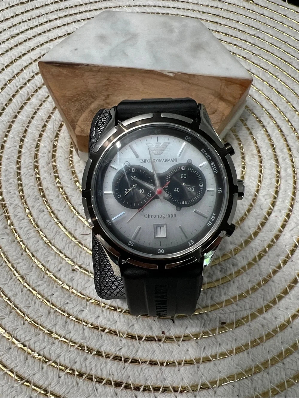 Emporio Armani Silver Dial Chronograph with Black Strap and Red Accent